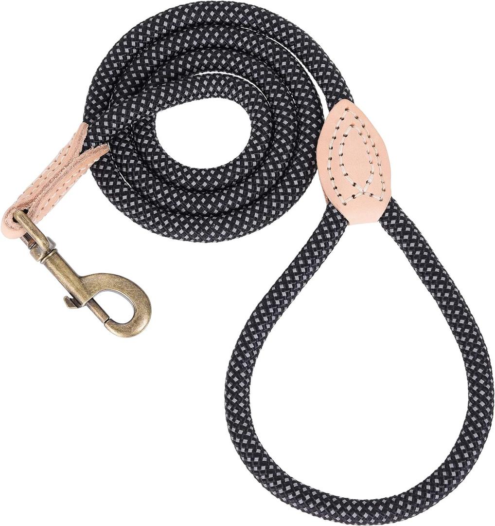 Mile High Life Reflective Dog Leash, Strong Nylon Dog Rope Heavy Duty Dog Training Leashes for Small Medium Large Dogs, Heavy Duty Climbing Rope Dog Leash w Leather Tip(Black, 48 Inch) (48 Inch-1/2", Black)