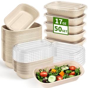 Ocmoiy 50 Pack 17 Oz Disposable Paper Meal Prep Food Containers with Lids for Salad, Lunch, Pasta, Burrito, Chipotle, Leftovers, Take Out, Microwaveable and Freezable, 50 Bowls 50 Lids