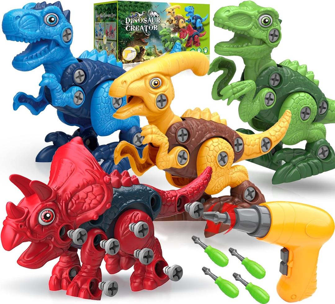 Dinosaur Toys for 3, 4, 5, 6, 7 Year Old Boys, Take Apart Toys with Electric Drill for Kids, STEM Educational Construction Building Toy, Ideal Birthday Christmas Easter Gifts, Incl Tyrannosaurus Rex, 4 Piece Assortment