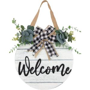 3D Welcome Wreaths for Front Door | White Horizontal Concave Stripes Wooden Farmhouse Welcome Sign for Home Wall Decor