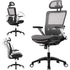COLAMY Ergonomic Mesh Office Chair with Footrest, High Back Computer Executive Desk Chair with Headrest and 4D Flip-up Armrests, Adjustable Tilt Lock and Lumbar Support-Grey