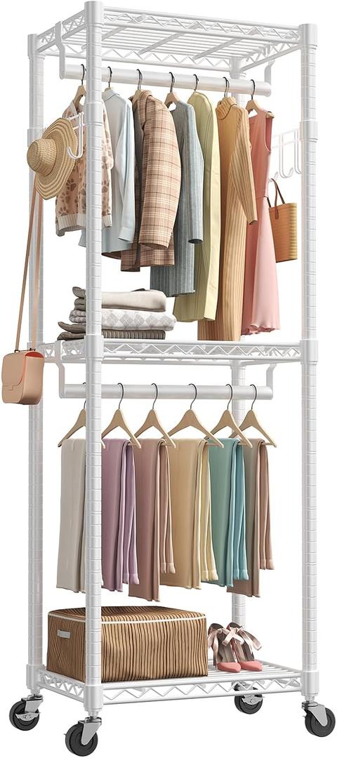 NEWBULIG Heavy Duty Adjustable Clothes Rack with Wheels, Adjustable Rolling Metal Freestanding Garment Closet Organizer with Double Rods & 2 Side Hooks for Hanging Clothes, 23" x 15" x 75", White