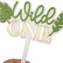 Wild One Acrylic Cake Topper, Double Layer Design with Tropical Leaves, White and Green with Gold Letters, 6.2 x 5.5 Inch