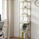 VASAGLE Bookcase, 6-Tier Bookshelf, Slim Shelving Unit for Bedroom, Bathroom, Home Office, Tempered Glass, Steel Frame, Metallic Gold ULGT500A01