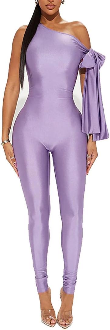 Sprifloral Women Sexy One Shoulder Bandage Sleeveless Bodycon Jumpsuit Romper Clubwear One Piece Outfits (Purple, XL)