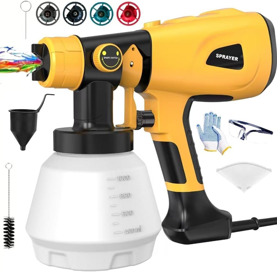 Paint Sprayer Tool 1000W High Power Electric Paint Spray Gun with Adjustable Spray Width Knob 4 Nozzles and 3 Patterns Simple to Clean for Lawn and Garden Furniture Home Interior House Painting Yellow