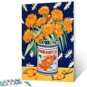 Retor Orange Flowers in a Tin DIY Paint by Numbers for Adults Orange Floral DIY Oil Painting Acrylic Paint Art Painting Kit Canvas with Acrylic Paints Vintage Flowers Art 16x20 Inch（DIY Frame ）