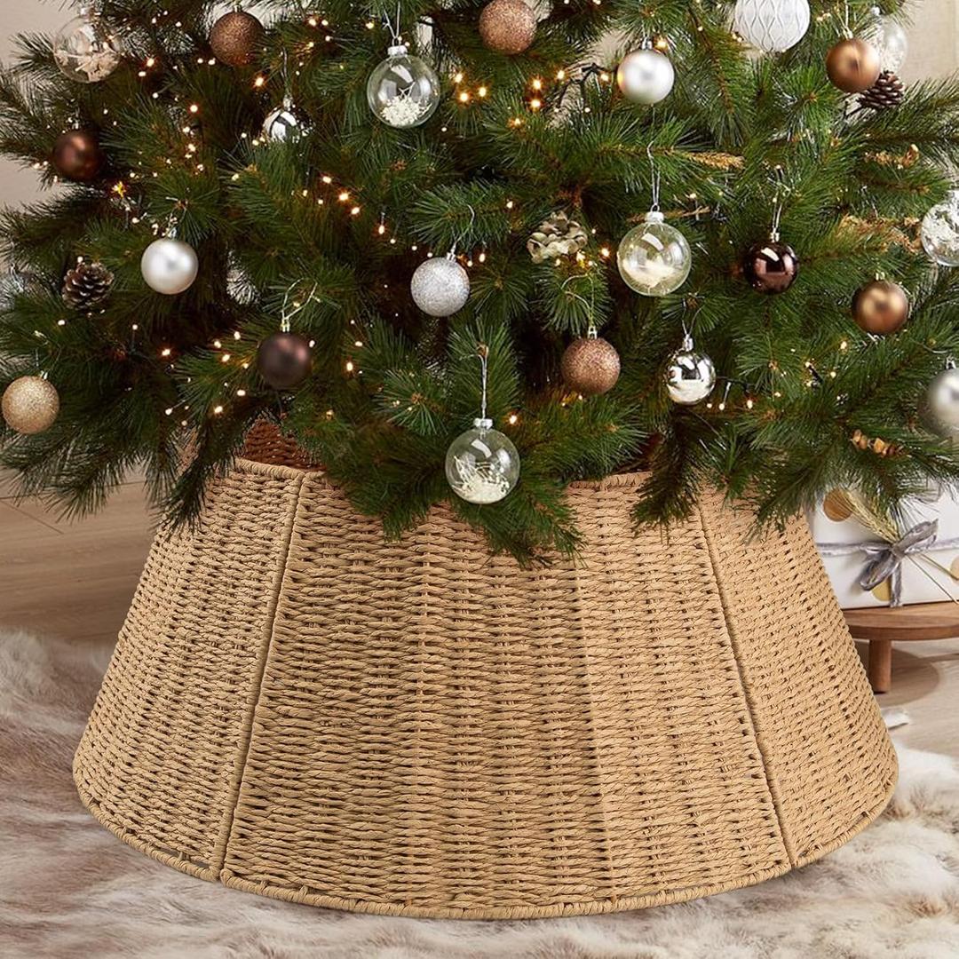 Kafuzi Christmas Tree Collar,24in Woven Christmas Tree Collars for Artificial Trees,Rattan Ring Base Cover Rustic & Farmhouse Holiday Decorations -Natural