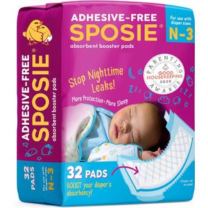 Sposie Booster Pads, Stop Overnight Diaper Leaks, Fits sizes Newborn 1 2 3, No Adhesive for Sensitive Skin, 32 ct