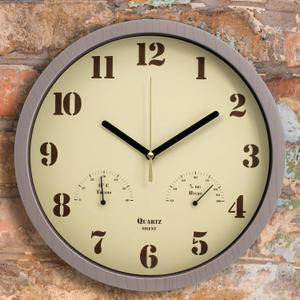 Small Outdoor Clocks for Patio 10 Inch Silent Non-Ticking Analog Clock with Thermometer & Hygrometer, Battery Operated, Indoor Outdoor Use Waterproof Wall Clocks