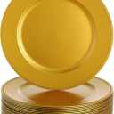 Dandat 50 Pack 13 Inch Plastic Round Dinner Plates with Beaded Rim - Reusable Charger Service Plates for Wedding Party Dinner Table Decoration (Gold)
