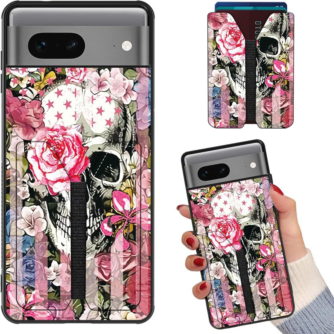 for Google Pixel 7 Wallet Case with Card Holder Skull Flag Design Phone Case for Pixel 7 Case Wallet Elastic Credit Cards Slot Durable Slim Shockproof Cover