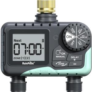 RAINPOINT Water Timer for Garden Hose - Sprinkler Timer with Brass Swivel - Rain Delay/Manual Watering/Automatic Irrigation Programmable Faucet for Yard, 2 Outlet