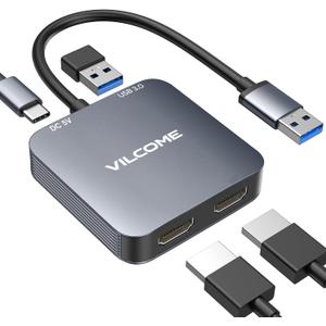 Vilcome USB to HDMI Adapter, USB 3.0 to Dual HDMI Adapter, Audio Video Graphics Converter Cable for Laptop Monitor Desktop TV, Compatible with Mac OS, Windows