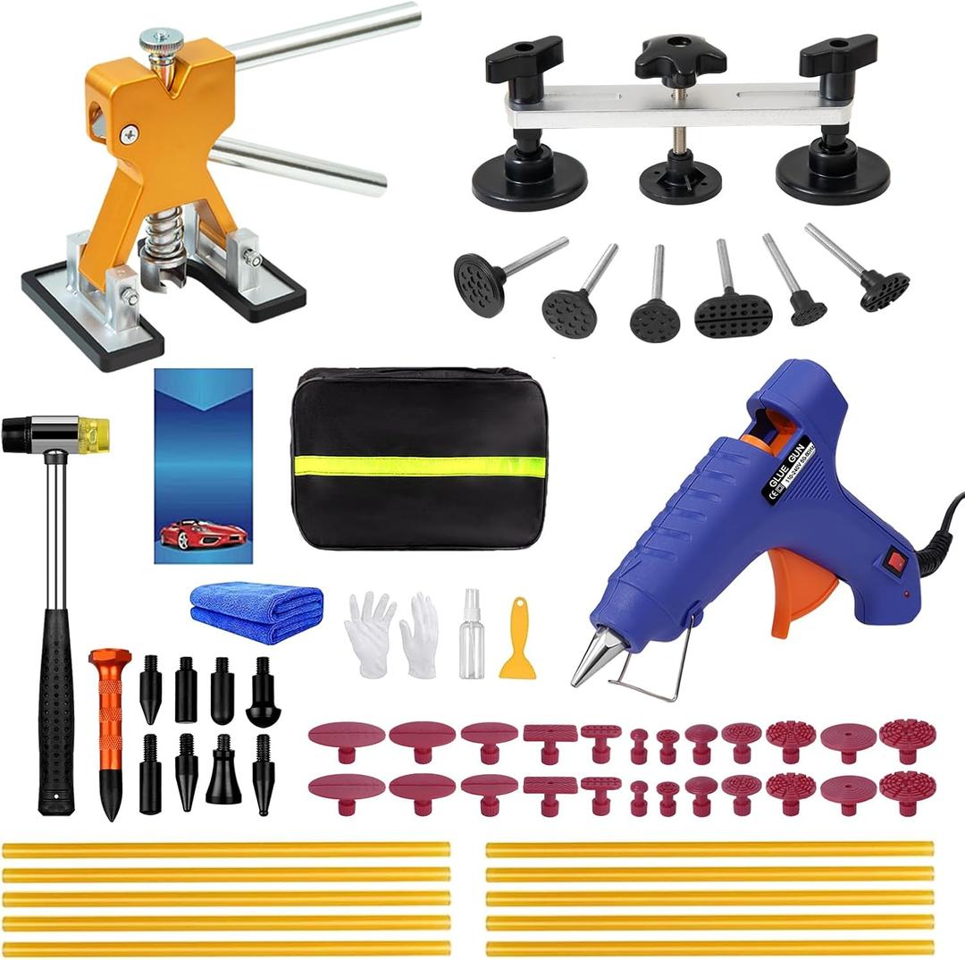 59-Piece Paintless Dent Puller Kit, Suitable for Small to Medium Dents, Auto Dent Removal Tools, Portable Door Dent and Hail Damage Repair Kit, Automotive Body Repair Set with Hot Glue Gun