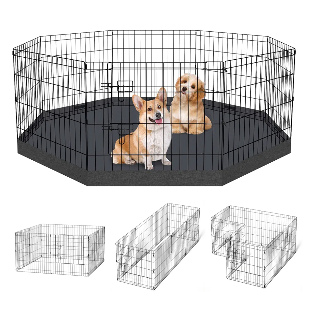 Dog Pen Pet Playpen Dog Fence Indoor Foldable Metal Wire Exercise Puppy Play Yard Pet Enclosure Indoor Outdoor 8 Panels 24 Inch with Bottom Pad/Top Cover (Black with Bottom pad)