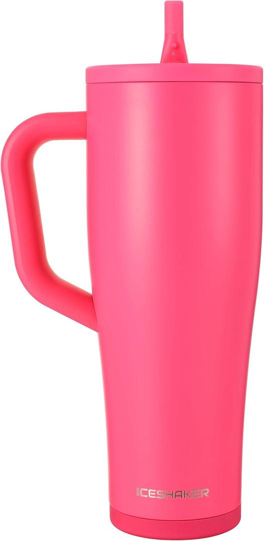 Ice Shaker 40 oz Tumbler with Handle and Straw | 40oz Neon Pink | Cold for 30+ Hours | 2-in-1 Tumbler Shaker Bottle | Odor-Free 40 ounce Bottle for Water, Protein Shakes, Smoothies, Cocktails