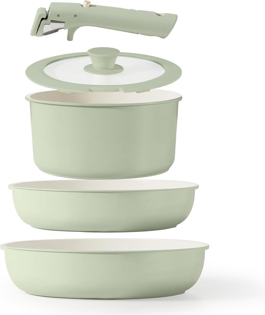 CAROTE 5pcs Pots and Pans Set Non Stick, Cookware Sets, Kitchen Set, Oven/Dishwasher/Fridge Safe, Space Saving Pots Set, Nonstick Set with Versatile Detachable Handle, Induction RV Set, Green