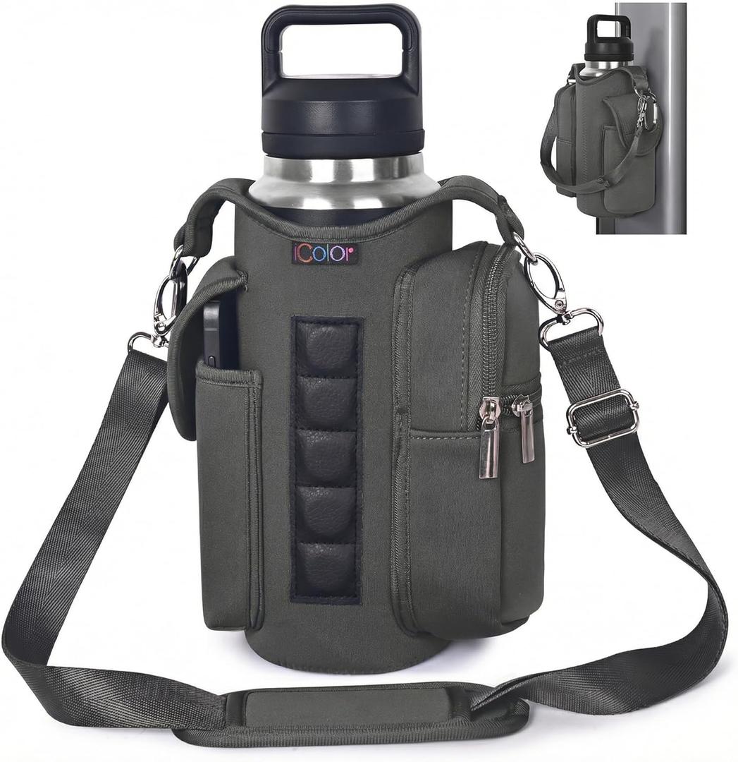 icolor Magnetic Gym Bag Water Bottle Carrier Holder with Phone Pockets & Shoulder Strap,Gym Magnetic Bag 5 Built-in Magnets Gym Accessories Organizer Sling Bottle Bag Pouch Sleeve (Gray)