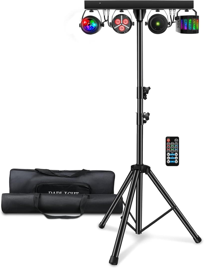 DJ Lights with Stand, Party Bar Gig Lighting Package with Carry Bag, Sound-Activated Disco Lights for Parties, DMX & Remote Control, LED Stage Lighting System for Booth, Band, Wedding, Shows