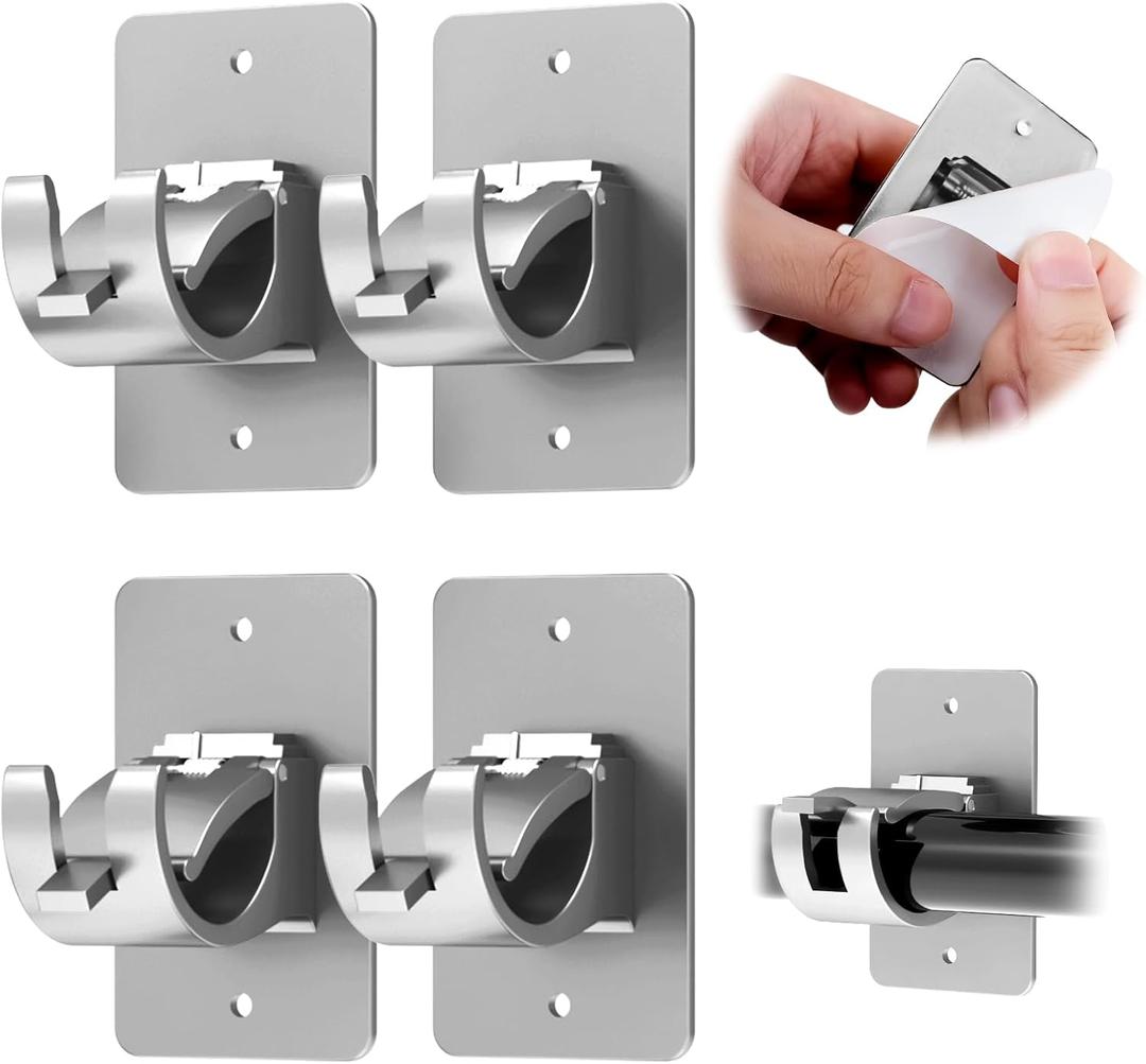 CIEMGNZOC 4PCS No Drill Curtain Brackets, Self-Adhesive Rods, Nail Free Adjustable Holders, Hooks for Rods Under 1.57 Inch (Silver)
