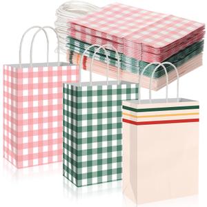 Kolldenn 36 Pcs Gingham Camp Paper Bag Gingham Party Supplies Pink Green Plaid Checkered Goodie Bags with Handle for Graduation Camp Bachelorette Baby Shower Wedding Birthday Party Favor Supplies