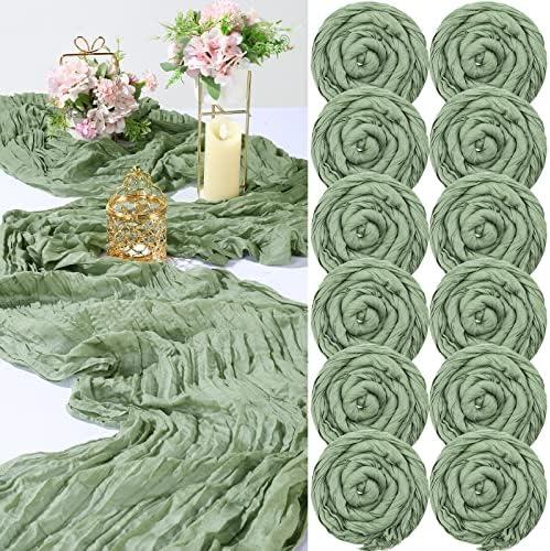 Tranqun 12 Pack 10ft Cheesecloth Table Runner 29 x 120 Inch Boho Gauze Cheese Cloth Table Runner Rustic Sheer Decor for Wedding Bridal Shower Birthday Party(Sage Green)