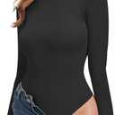 H&ZVIITA Women's Mock Neck Long Sleeve Ribbed Bodysuit Thong Tummy Control Slim Fit Stretchy Warm Top for Going Out (Large, Black)
