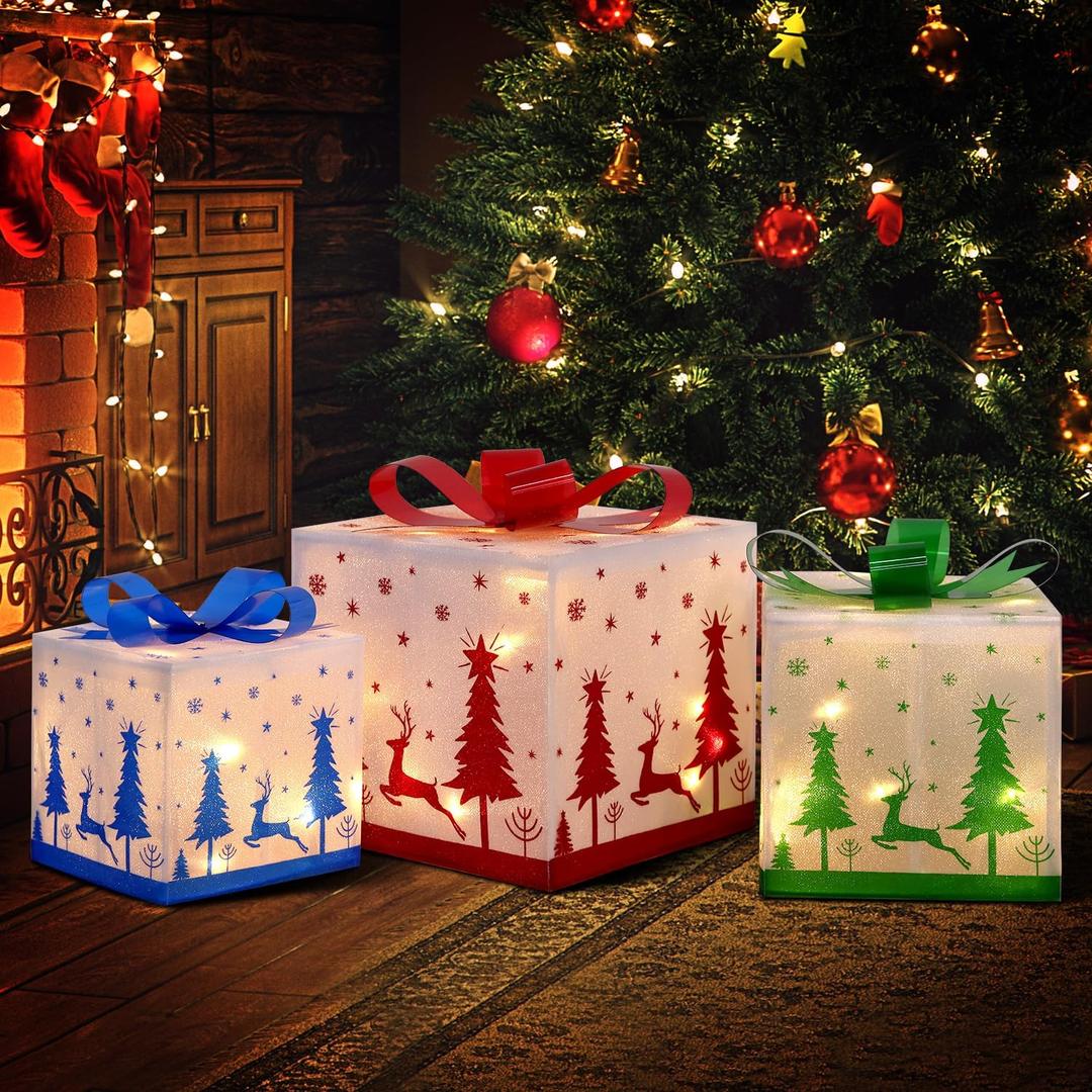 DomKom Set of 3 Lighted Gift Boxes, 60 LED Light Up Nesting Boxes with Metal Frame, Reindeer & Snowflake Design for Xmas Tree Party Indoor Outdoor Holiday Decorations