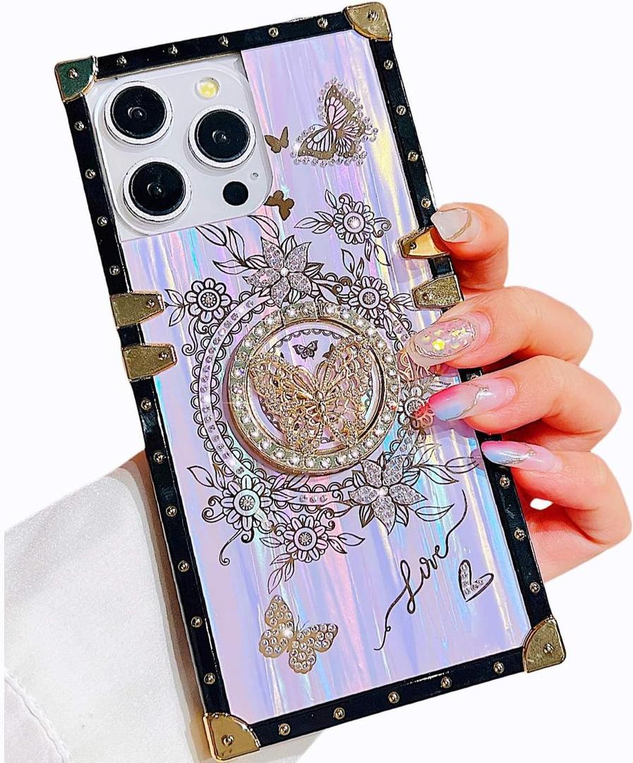 Compatible with iPhone 14 Pro Max Phone Case Butterfly Design,Cute Bling Rhinestones Sparkle Kickstand Case for Women Girls Protective 14 Pro Max Case(Purple)