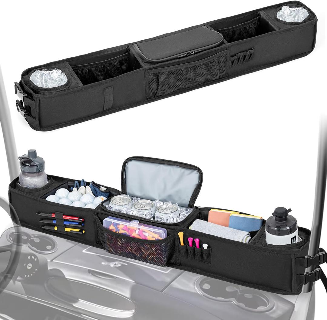 Golf Cart Storage Tray, No-Drilling Front Storage Basket Compatible with EZGO, Club Car, Kandi Golf Carts, Organizer with Cooling Compartment (Patent Design)