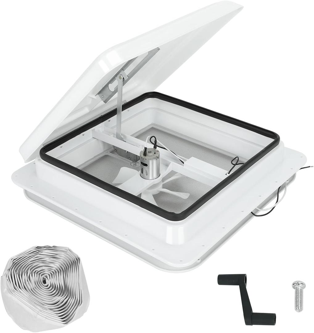 BLACKHORSE-RACING 14" RV Roof Vent Fit for Camper Trailer Universal White Lid Roof Vent with 12V RV Vent Fan 6" Blades White lid Inner for Garnish Ring, Manual