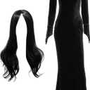 Sureio Morticia Addam Costume Women Dress Halloween Witch Costume V Neck Long Sleeve Bodycon Dress Black Wig Addam Cosplay (Medium)