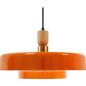 Orange Pendant Light Fixture with Wood Accent, Mid Century Modern Adjustable Height Hanging Ceiling Lamp, Farmhouse Pendant Lighting for Kitchen Island Dining Room