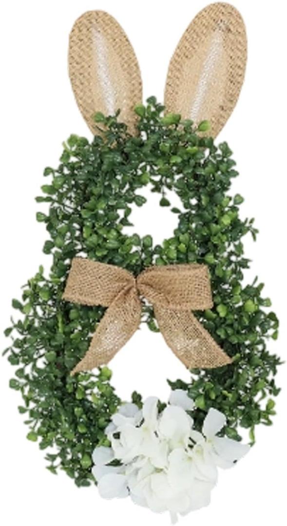 Easter Bunny Wreath, Spring Bunny Shaped Artificial Flower with Bowknot for Front Door Summer Farmhouse Holiday Wall Home Window Decor (Light Green)
