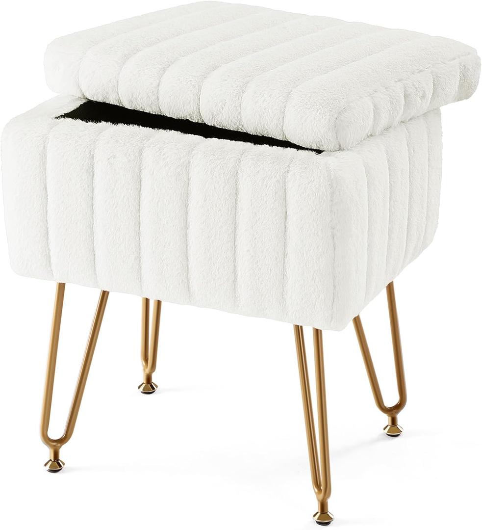 Sweetcrispy Vanity Stool Chair with Storage, Ottoman Faux Fur Soft Padded Makeup Footstools Seat with 4 Metal Legs Anti-Slip Adjustable Feet for Home Entryway Bedroom, White