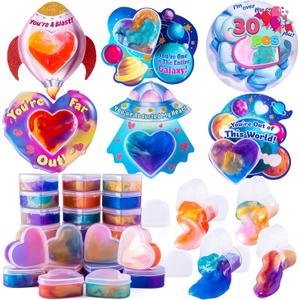 JOYIN 30 PCS Valentine Day Gift Cards with Galaxy Slime Stress Relief Fidget Toys for Kids Classroom Exchange Prizes, Valentines Party Favor