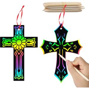 WATINC 60Pcs Scratch Cross Ornaments, Magic Art Color Craft Kit for Kids Scratch Party Favors, Scratch Paper Hanging Tags, Birthday Gifts for Kids, DIY Art Craft Kit for Boys Girls