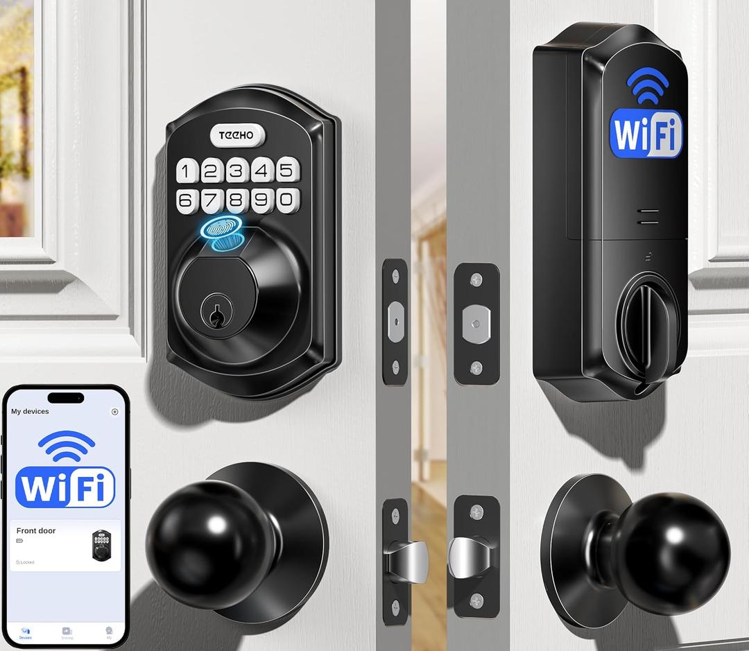 TEEHO TE012W-K WiFi Smart Keyless Entry Door Lock with Handle, Fingerprint Door Knob & Digital Keypad, APP Remote Control, Works with Alexa & Google, Electronic Deadbolt for Front Door, Matte Black