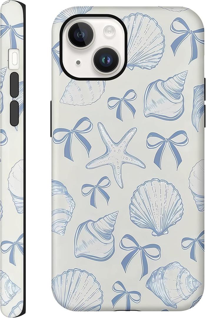 Aesthetic Cases for iPhone 14, Blue Bow Seashell Design, Hard Hybrid 2-Layer Protective Cover for Women Girls