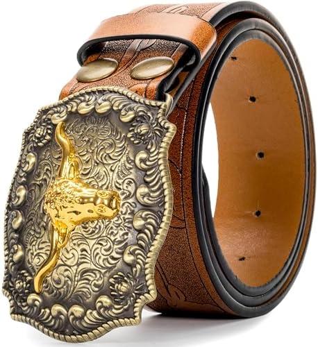 Mawjom Western Cowboy PU Leather Belt - Men Waist Strap Bull Decoration Floral Engraved for Jeans 25" to 38" Waist