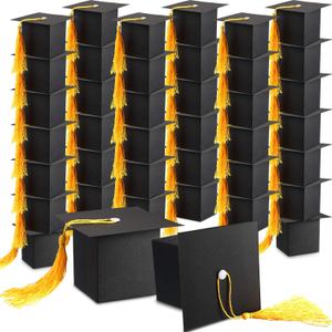 Bememo 100 Pieces Graduation Candy Boxes Graduation Party Favors Class of 2026 Cap Gift Boxes Graduate Centerpieces with Tassel for Grad Ceremony Party(Yellow)