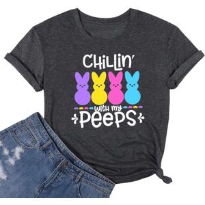 Leopard Easter Bunny Graphic Shirt Chillin' with My Peeps Easter Matching T-Shirt Gift for Easter Day Tee. (X-Large, Dark Grey-1)