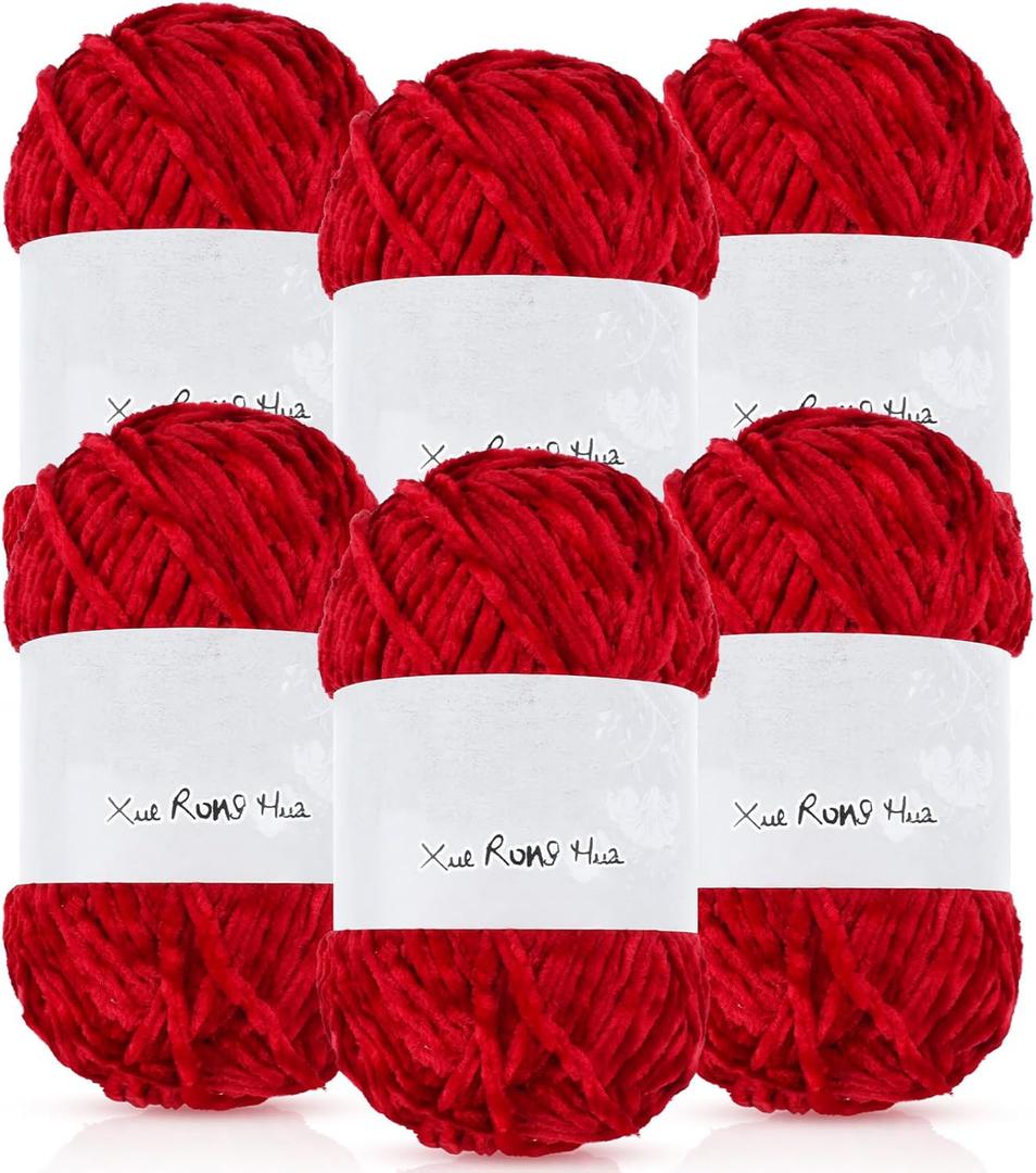 Amylove 6 Rolls Soft Velvet Chenille Yarn for Crocheting 1182 Yards Polyester Blanket Fuzzy Thick Yarn for Valentine's DIY Knitting Bulky Weaving Crafts, 197 Yd, 3.53 oz Each Roll(Red)