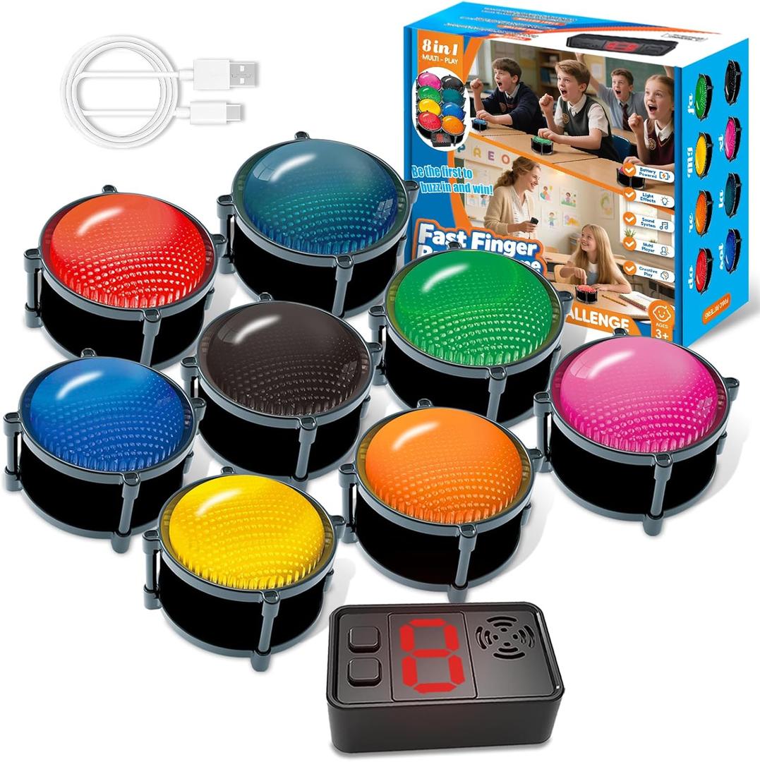 Wireless Buzzers System for Game Show, Family Feud Buzzer with Light, Show Who Buzzed First, 4 Modes, 165ft Distance, Rechargeable Answer Buzzers for Trivia Games, Classroom, Jeopardy, Quizzes Party (8-pack Buzzers With Host)