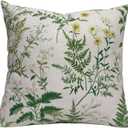 Green Floral Throw Pillow Covers 18x18 - Faux Linen Botanical Wildflower Decorative Cushion Case, Double Sided Farmhouse Spring Decor for Sofa Couch Living Room (1 Pack, No Insert)