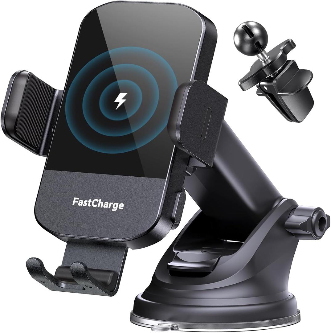 CHGeek Wireless Car Charger, 15W Fast Charging Auto Clamping Car Charger Phone Mount Phone Holder fit for iPhone 16 15 14 13 12 Pro Max 11 XR XS, Samsung Galaxy S24 Ultra S23 S22 S21, S20, S10+, Black (Black)