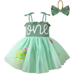 Baby Girl 1st Birthday Clothes One Year Old Tulle Romper Sleeveless Bodysuit Cake Smash Outfits (9-12 Months, Green)