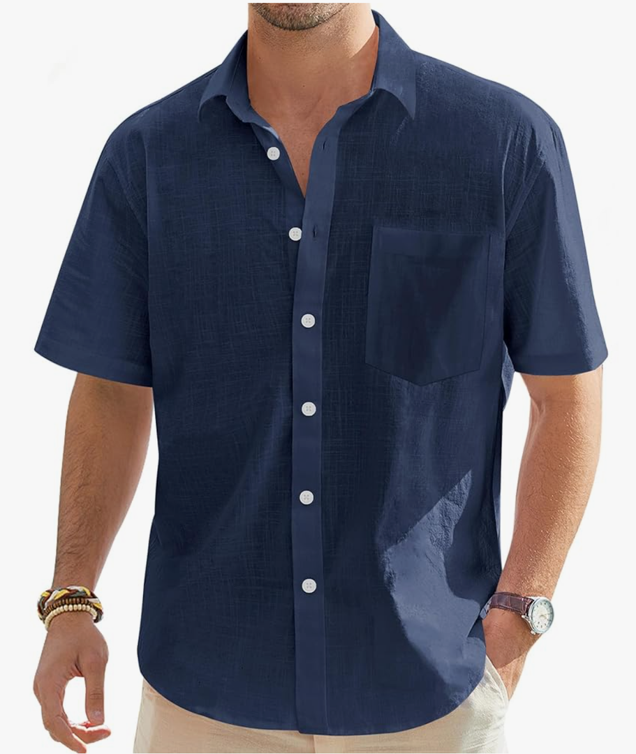 J.VER Men's Cotton Linen Short Sleeve Shirts Casual Lightweight Button Down Shirts Vacation Beach Summer Tops with Pocket 4XL