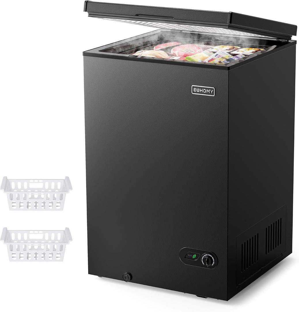 EUHOMY 3.5 Cu.Ft Chest Freezer with Removable Basket, Small Deep Freezer Adjustable 7 Thermostat, Quiet Mini Freezer Free-Standing Top Door, Energy Saving for Apartment/Garage/Basement/Dorm/Home,Black